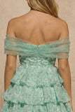 Light Green Floral Off the Shoulder Tiered A Line Homecoming Dress