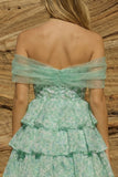 Light Green Floral Off the Shoulder Tiered A Line Homecoming Dress