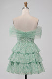 Light Green Floral Off the Shoulder Tiered A Line Homecoming Dress