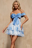 Blue Off the Shoulder A Line Floral Homecoming Dress with Bow