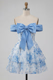 Blue Off the Shoulder A Line Floral Homecoming Dress with Bow