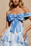 Blue Off the Shoulder A Line Floral Homecoming Dress with Bow