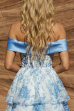 Blue Off the Shoulder A Line Floral Homecoming Dress with Bow