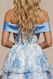 Blue Off the Shoulder A Line Floral Homecoming Dress with Bow