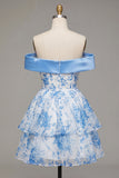 Blue Off the Shoulder A Line Floral Homecoming Dress with Bow