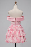Off the Shoulder A Line Tiered Pink Floral Corset Homecoming Dress with Bow