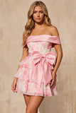 Off the Shoulder A Line Tiered Pink Floral Corset Homecoming Dress with Bow