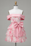 Off the Shoulder A Line Tiered Pink Floral Corset Homecoming Dress with Bow
