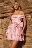 Off the Shoulder A Line Tiered Pink Floral Corset Homecoming Dress with Bow