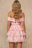 Off the Shoulder A Line Tiered Pink Floral Corset Homecoming Dress with Bow