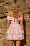 Off the Shoulder A Line Tiered Pink Floral Corset Homecoming Dress with Bow
