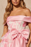 Off the Shoulder A Line Tiered Pink Floral Corset Homecoming Dress with Bow