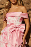 Off the Shoulder A Line Tiered Pink Floral Corset Homecoming Dress with Bow