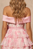 Off the Shoulder A Line Tiered Pink Floral Corset Homecoming Dress with Bow