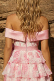 Off the Shoulder A Line Tiered Pink Floral Corset Homecoming Dress with Bow