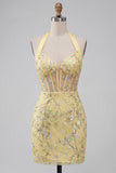 Yellow Corset Halter Bodycon Homecoming Dress with Sequins