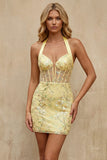 Yellow Corset Halter Bodycon Homecoming Dress with Sequins