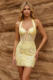 Yellow Corset Halter Bodycon Homecoming Dress with Sequins
