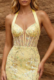 Yellow Corset Halter Bodycon Homecoming Dress with Sequins