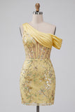 One Shoulder Yellow Bodycon Corset Sequin Homecoming Dress