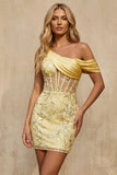 One Shoulder Yellow Bodycon Corset Sequin Homecoming Dress