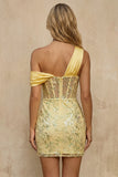 One Shoulder Yellow Bodycon Corset Sequin Homecoming Dress