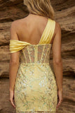 One Shoulder Yellow Bodycon Corset Sequin Homecoming Dress