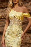 One Shoulder Yellow Bodycon Corset Sequin Homecoming Dress