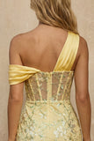 One Shoulder Yellow Bodycon Corset Sequin Homecoming Dress