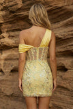 One Shoulder Yellow Bodycon Corset Sequin Homecoming Dress