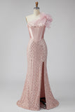 One Shoulder Pink Satin Corset Mermaid Sequin Long Prom Dress with Slit