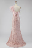 One Shoulder Pink Satin Corset Mermaid Sequin Long Prom Dress with Slit