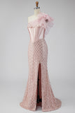 One Shoulder Pink Satin Corset Mermaid Sequin Long Prom Dress with Slit