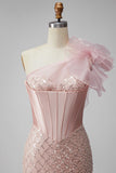 One Shoulder Pink Satin Corset Mermaid Sequin Long Prom Dress with Slit