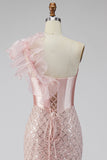 One Shoulder Pink Satin Corset Mermaid Sequin Long Prom Dress with Slit