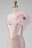 One Shoulder Pink Satin Corset Mermaid Sequin Long Prom Dress with Slit