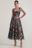 Pink Floral Embroidered Corset Square Neck A Line Midi Wedding Guest Dress