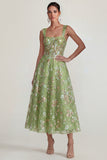 Pink Floral Embroidered Corset Square Neck A Line Midi Wedding Guest Dress