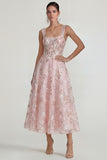 Pink Floral Embroidered Corset Square Neck A Line Midi Wedding Guest Dress