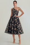 One Shoulder A Line Pink Floral Midi Wedding Guest Dress
