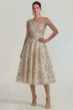 One Shoulder A Line Pink Floral Midi Wedding Guest Dress