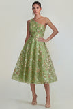 One Shoulder A Line Pink Floral Midi Wedding Guest Dress