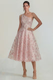 One Shoulder A Line Pink Floral Midi Wedding Guest Dress