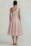 One Shoulder A Line Pink Floral Midi Wedding Guest Dress