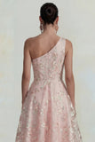 One Shoulder A Line Pink Floral Midi Wedding Guest Dress