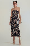 Floral Pink Strapless Sheath Midi Wedding Guest Dress with Slit