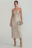 Floral Pink Strapless Sheath Midi Wedding Guest Dress with Slit