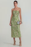 Floral Pink Strapless Sheath Midi Wedding Guest Dress with Slit