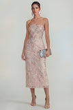 Floral Pink Strapless Sheath Midi Wedding Guest Dress with Slit
