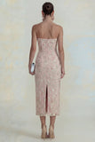 Floral Pink Strapless Sheath Midi Wedding Guest Dress with Slit